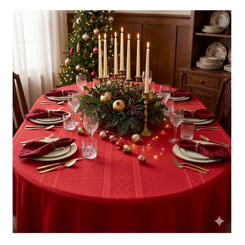 Vintage Red Oval Tablecloth Mid-Century Geometric Damask Christmas Holiday Decor